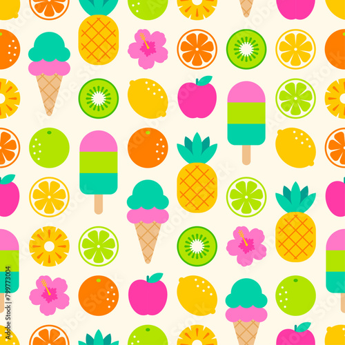 Colorful geometric fruit, hibiscus and ice cream seamless pattern design for summer holidays background. 