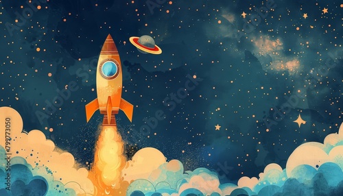 A kids drawing of a rocket labeled Career Goals blasts off toward a starry sky, symbolizing ambition and the limitless possibilities in the tech industry with an imaginative cartoon concept