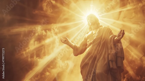 An inspirational scene of Jesus Christ surrounded by light, symbolizing resurrection and rebirth. photo