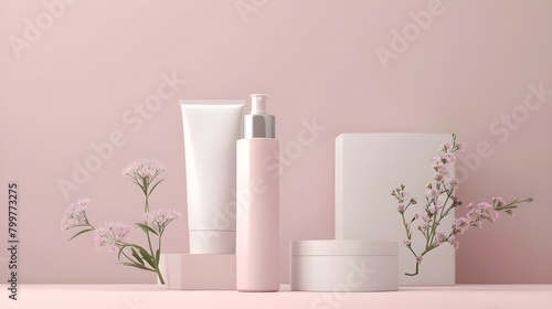 3D render mockup of beauty fashion cosmetic makeup bottle lotion, jar, tube and serum bottle product with silver cap and list skin care healthcare concept ai generated 