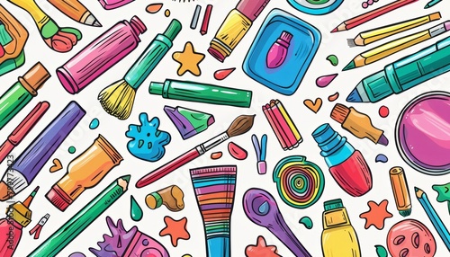 A playful kit of art supplies invites children to explore their creativity, illustrated in a vibrant doodle style, doodle draw concept