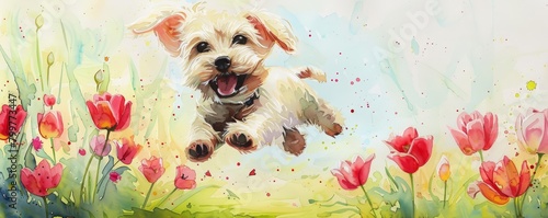 A playful puppy leaps among a field of tulips, its joy as boundless as the oceans horizon, kawaii water color #799773447