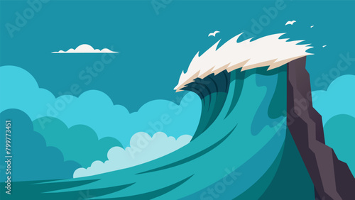 A wave crashing against a cliff symbolizing the uncontrollable and powerful nature of bipolar mood swings.. Vector illustration