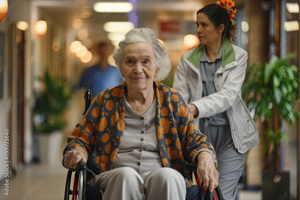 Senior woman arrives at a nursing home and is wheeled inside by a friendly orderly
Senior woman arrives at a nursing home and is wheeled inside by a friendly orderly