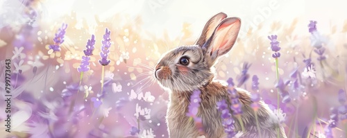 A small bunny hops through a field of lavender, its nose twitching with delight under the gentle sun, kawaii water color