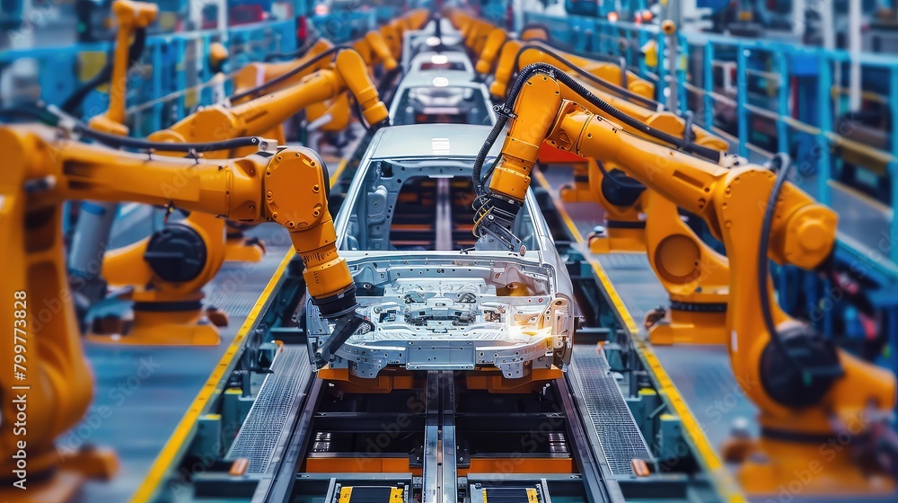 A wide-angle shot of an advanced EV production line with robotic arms assembling electric car components.
