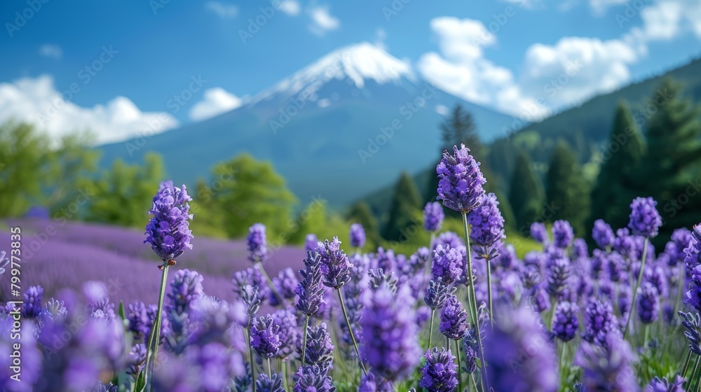 Obraz premium Mount Fuji and Lavender Field at Oishi Park, Kawaguchiko Lake, Japan