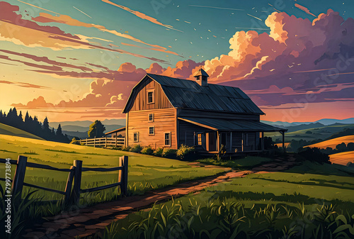 Rural countryside with a farmhouse and rolling hills under a dramatic twilight vector art illustration image. 
