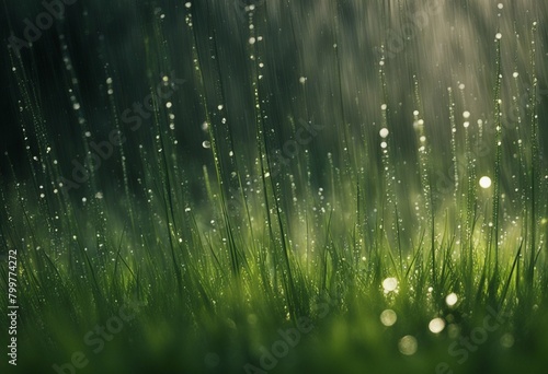 草についた水滴が太陽の光を受けて輝く