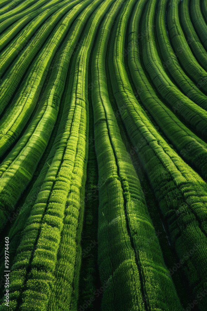 Fototapeta premium Aerial view of symmetrical rows of crops in a vast agricultural field, creating a mesmerizing pattern that stretches to the horizon.