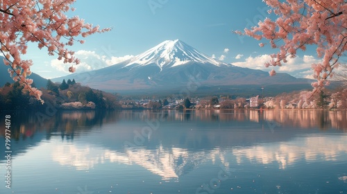 Mount Fuji and cherry blossom reflection on Lake Kawaguchiko  Japan. Blue sky  Spring  Sakura