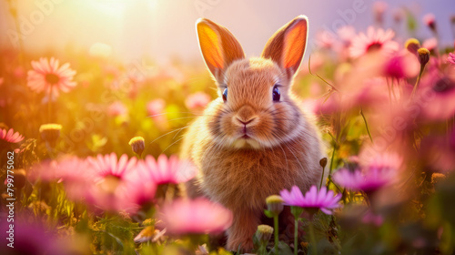 Cute Easter bunny in a field with flowers in nature  in the sun s rays.