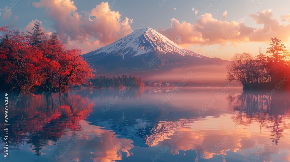Fuji Mountain reflection on Lake Kawaguchiko at sunset, calm water, Japan. Blue sky, Autumn 
