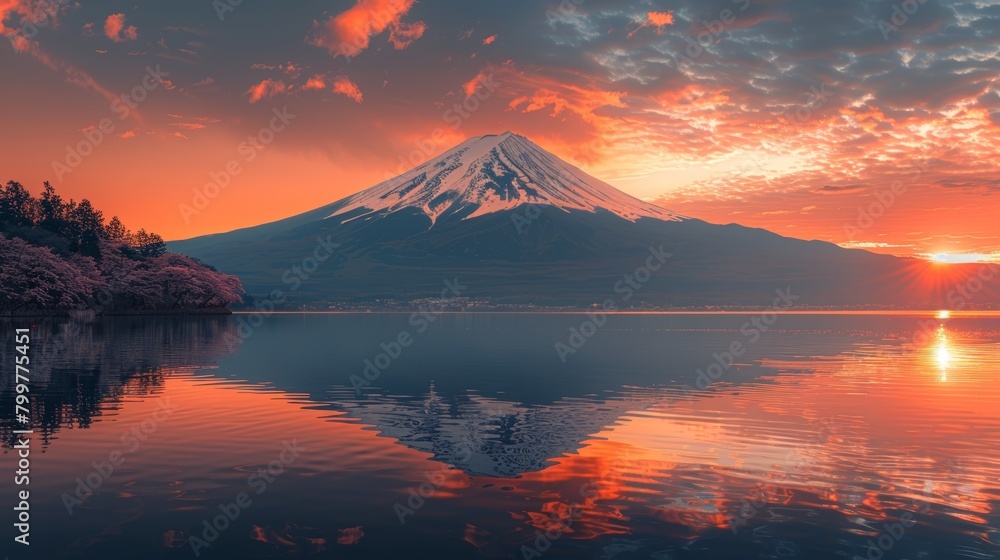 Fuji Mountain reflection on Lake Kawaguchiko at sunset, calm water, Japan. Blue sky, Autumn Fuji Mountain reflection on Lake Kawaguchiko at sunset, calm water, Japan. Blue sky, Autumn