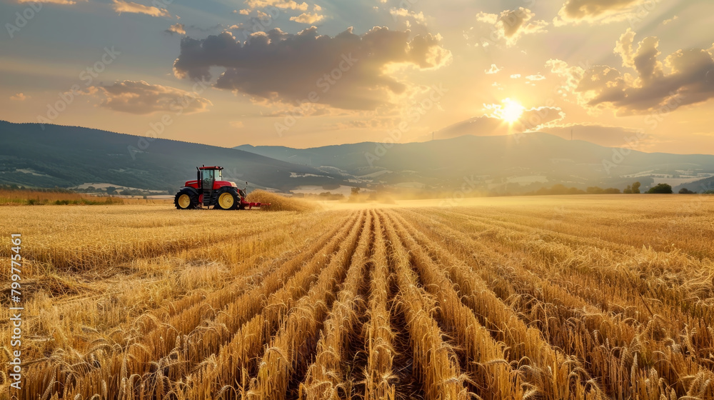 Wheat field at sunset, agricultural fields with tractor, Harvester machine working at wheat field. Wheat field at sunset, agricultural fields with tractor, Harvester machine working at wheat field.