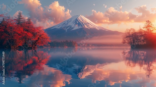 Fuji Mountain reflection on Lake Kawaguchiko at sunset, calm water, Japan. Blue sky, Autumn  © Rawf8