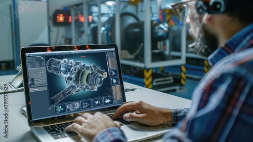 A technician using 3D modeling software on the laptop to visualize engine components for repair planning. 