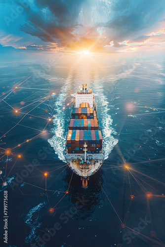 AI technology. Global Logistics international delivery concept, World map logistic and supply chain network distribution container Ship running for export import to customs cean concept technology
 photo