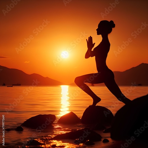 The silhouette of a woman who is engaged in yoga against the background of the rising sun for a worldwide yoga.