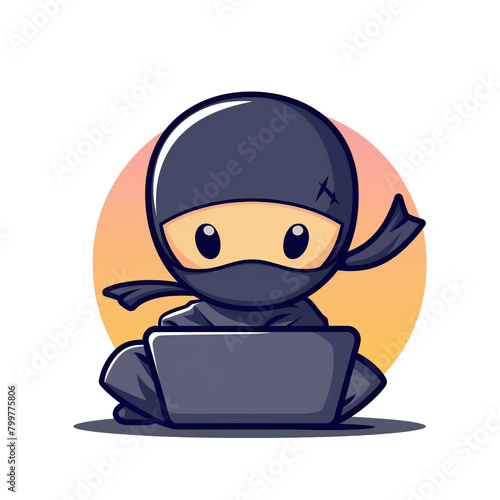 Cute ninja working on laptop