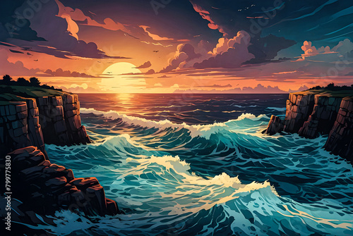Rocky cliffs overlooking a turbulent ocean under a dramatic twilight sky vector art illustration image.
 #799775830