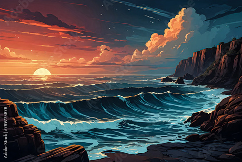 Rocky cliffs overlooking a turbulent ocean under a dramatic twilight sky vector art illustration image. 