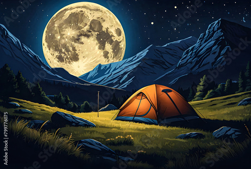 Illustrate a tent nestled in a mountain valley illuminated by the soft light of the moon against a deep blue evening sky vector art illustration image.
