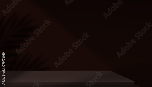 Brown Chocolate Color Background Wall Studio Room with Light,Palm Leaves Shadow on Table,Empty 3d Backdrop with Dark brown Podium for product presentation,Display Kitchen Room with Table Top