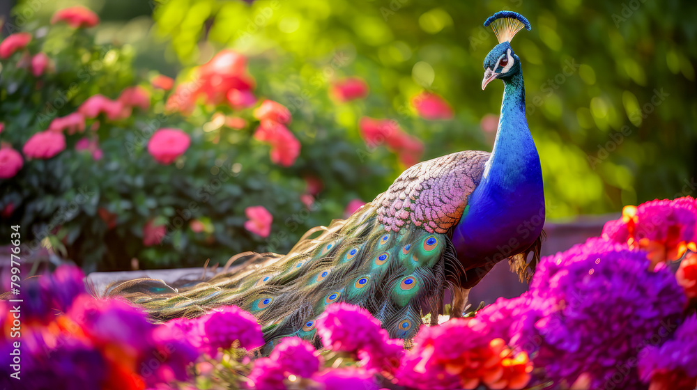 Obraz premium Cute, beautiful peacock in a field with flowers in nature, in sunny pink rays.