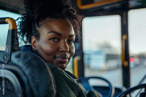 black female driver sitting inside of bus and looking at camera
