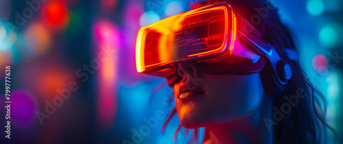 Double exposure of woman wearing VR headset with ai data analyst.  Virtual entertainment
