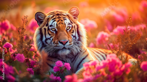 Cute  beautiful tiger in a field with flowers in nature  in sunny pink rays.