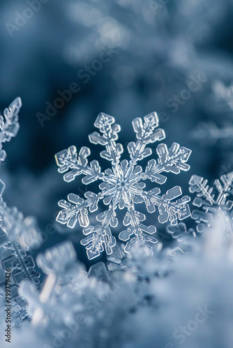 A closeup view of an unique crystalline structures of individual snowflakes, with their symmetrical patterns and intricate details creating a mesmerizing minimalist composition