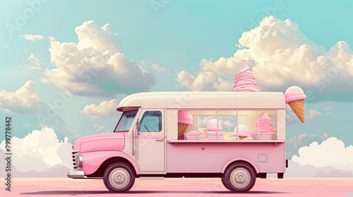 Ice cream truck  flat design  soft pastel hues  fluffy clouds backdrop  side angle  photographic style   Prime Lenses  high detailed