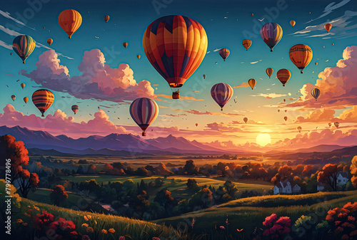 Hot air balloons drifting across a vivid evening sky vector art illustration. 