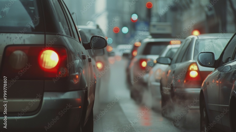 Traffic congestion on a rainy day, cars with tail lights on.