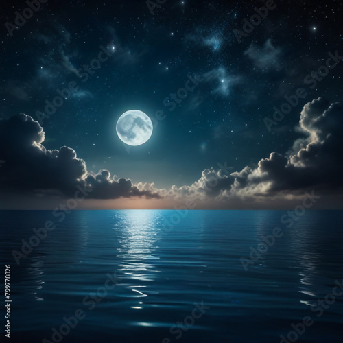 Romantic Moon With Clouds and Starry Sky Over Sparkling Blue Water