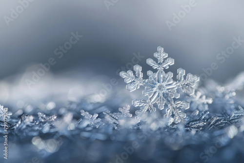 A closeup view of an unique crystalline structures of individual snowflakes, with their symmetrical patterns and intricate details creating a mesmerizing minimalist composition