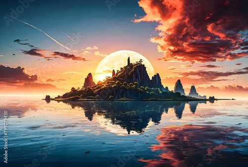 Surreal landscape with floating islands and a dramatic sunset vector art illustration. 