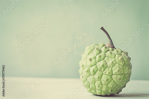 A whole cherimoya stands out with its textured skin against a soft pastel backdrop. photo