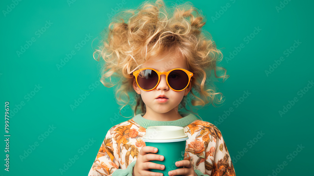 Portrait of a curly girl with a paper glass of coffee on a green background in watercolor style. Cheerful daring modern child in fashionable sunglasses Portrait of a curly girl with a paper glass of coffee on a green background in watercolor style. Cheerful daring modern child in fashionable sunglasses