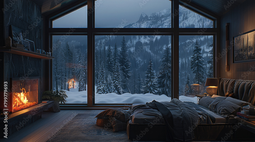 A dark bedroom with large window overlooking to nightcap, at night outside and big fireplace, cozy ambience. Generative AI. A dark bedroom with large window overlooking to nightcap, at night outside and big fireplace, cozy ambience. Generative AI.