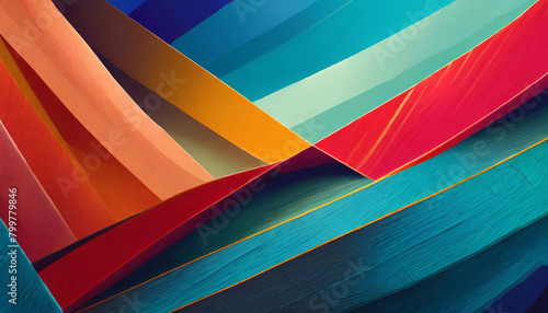 Abstract vibrant colorful blue, red and orange broken geometric polygons, intersecting lines, shapes, cuts, curves and textures background. Multicolor rainbow vivid criss cross doodles wallpaper. photo