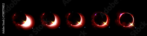 Red space solar eclipse light glow in galaxy vector. Neon universe planet flare and ray abstract outer world ring. Cosmic sunrise shine with blue sparkle. Isolated halo edge on black background