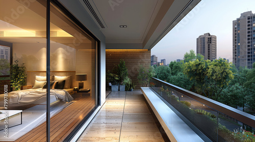A modern balcony windows on the left side of an apartment. Balcony space design  counter  Refreshing and warm