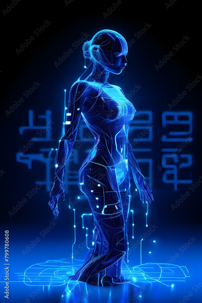 cybernetic figure composed of fluid computer code