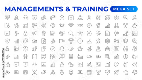 Business or organisation management icon set. Containing manager, teamwork, strategy, marketing, business, planning, training, employee icons. Solid icons vector collection. outline icon collection.