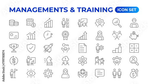 Business or organisation management icon set. Containing manager, teamwork, strategy, marketing, business, planning, training, employee icons. Solid icons vector collection. outline icon collection.