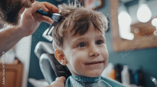 The barber using clippers to trim the child's hair while the child watches with fascination.