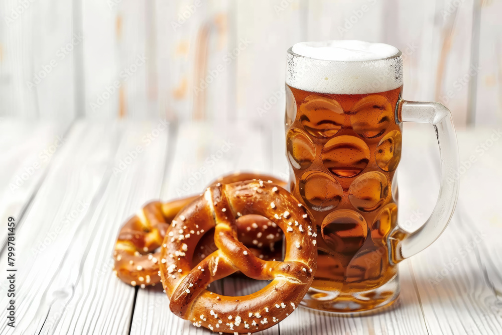 Beer and Pretzel on Bright Wooden Table Beer and Pretzel on Bright Wooden Table